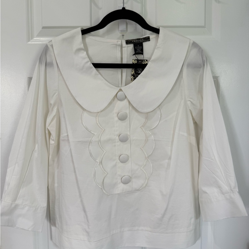 Vertigo Paris Cream Blouse with 3/4 Sleeves and Peter Pan Collar